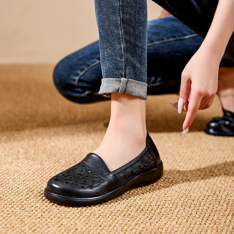 Summer women's hollowed real leather shoes – soft beige, moccasins, cutout ballet flats, slip-on, for elderly