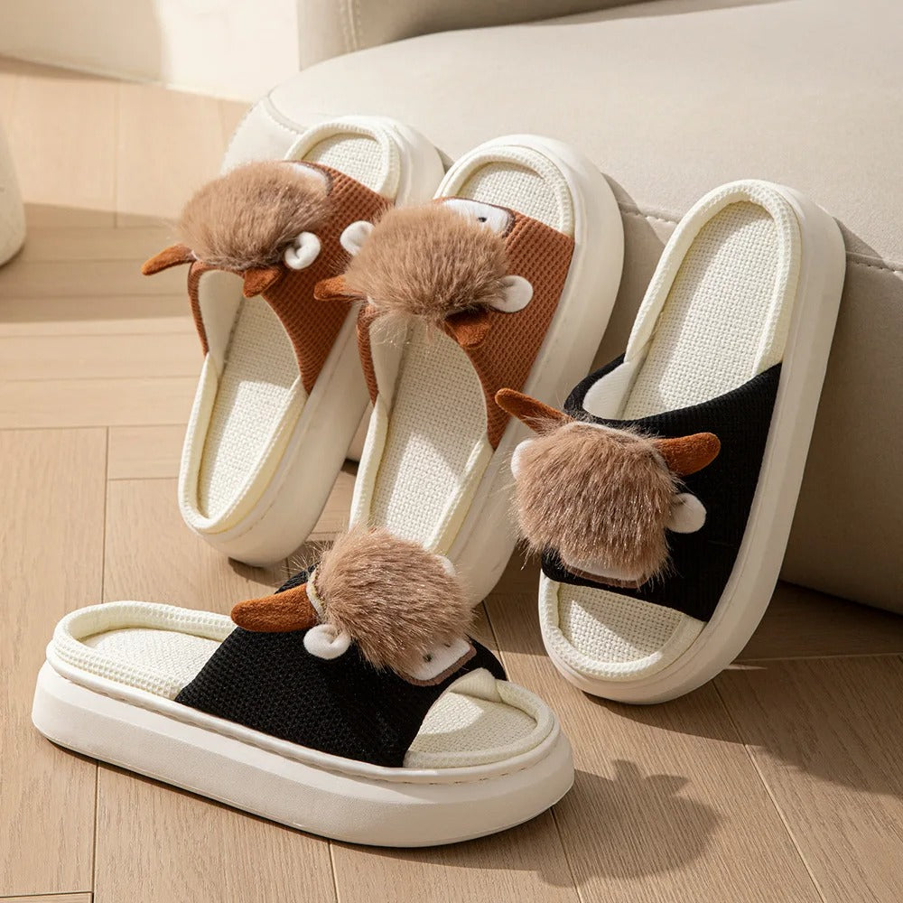 Cotton linen cow slippers – unisex indoor slides, summer breathable, funny animal flip-flops for women
