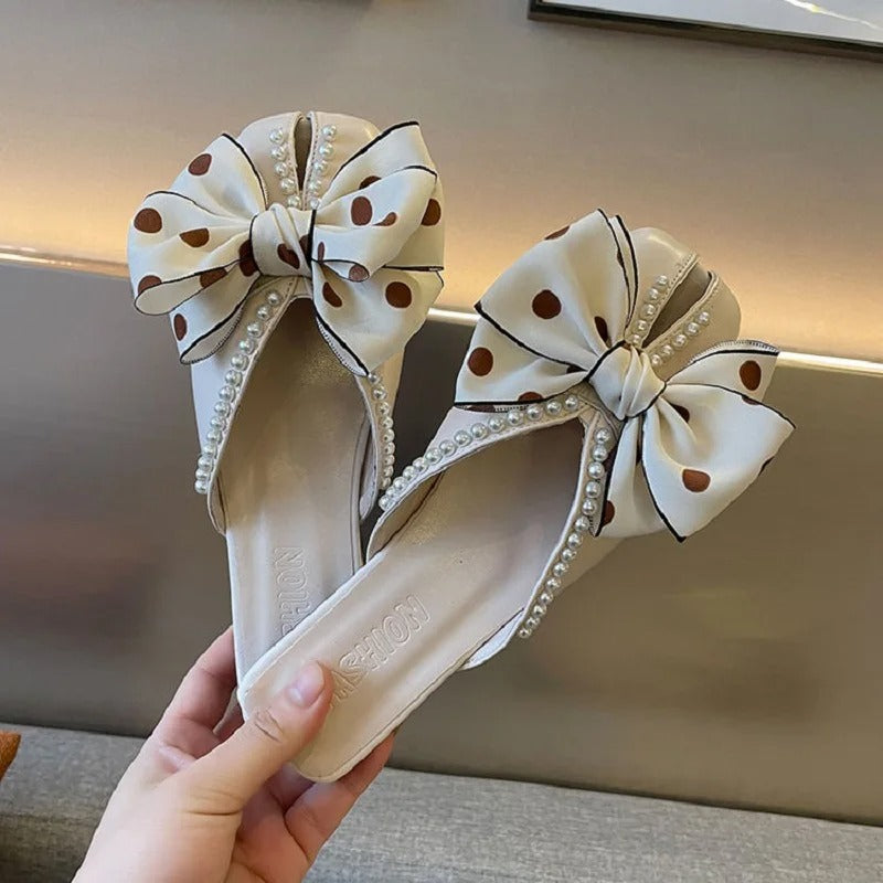 Elegant mules – size 42, women's summer casual, pointed toe, low heel, polka dot sandals, office shoes