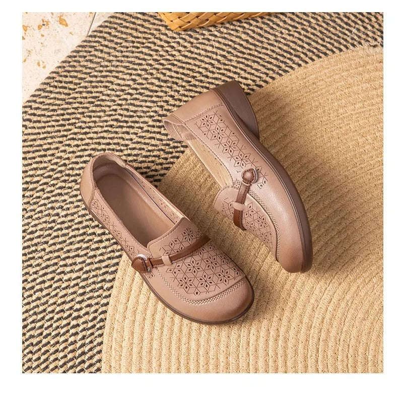 Cutout microfiber leather flats – women's, strap loafers, summer, breathable, hollow, for mom/travel