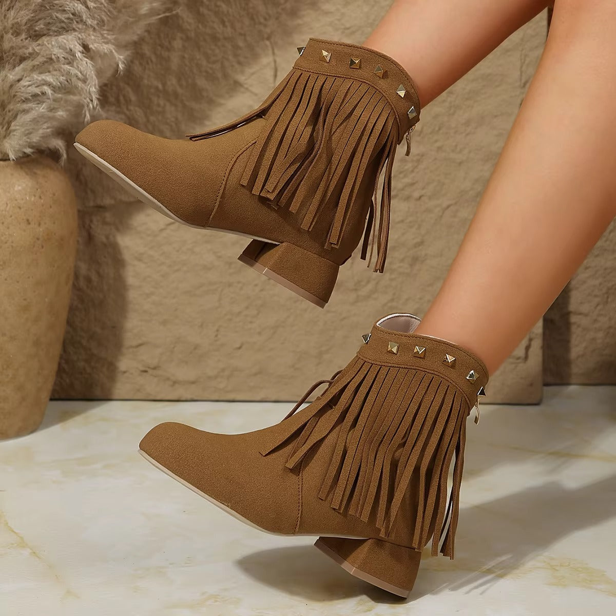 A888 western cowboy suede ankle boots – lady, tassel, size 35-43, studded heeled