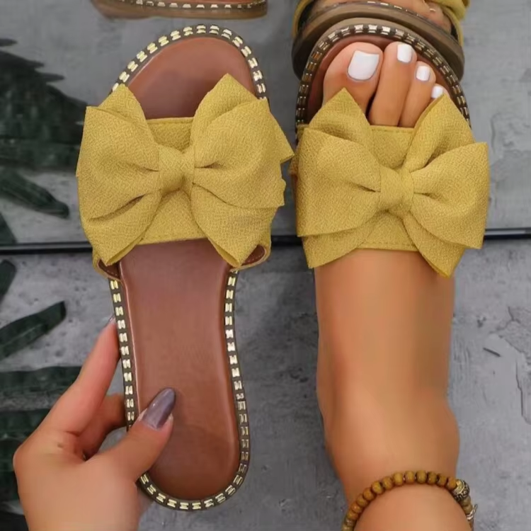 H077 solid color flat cloth sandals with rhinestone bow