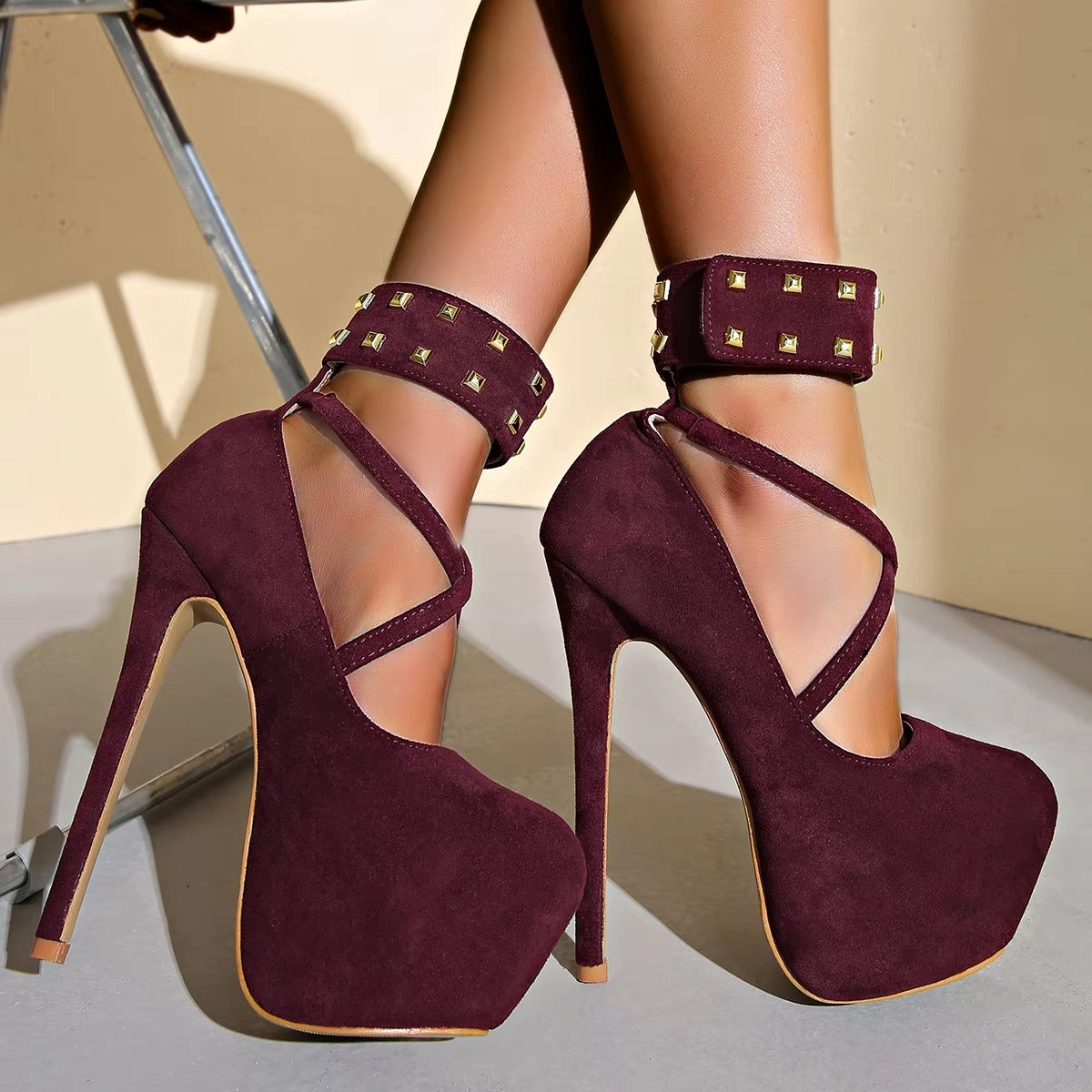 619A 16cm ultra-high-heeled sandals – platform, sexy, rivet, belt buckle, 2025 new, size 35-42, factory direct