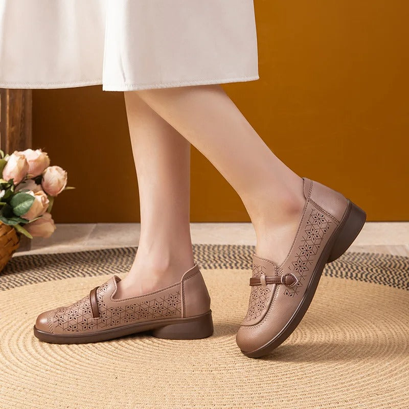 Cutout microfiber leather flats – women's, strap loafers, summer, breathable, hollow, for mom/travel
