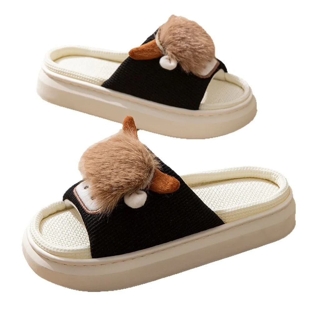 Cotton linen cow slippers – unisex indoor slides, summer breathable, funny animal flip-flops for women