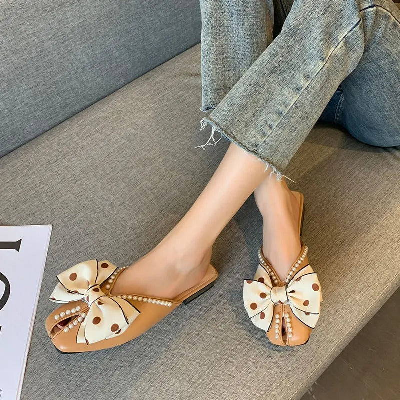 Elegant mules – size 42, women's summer casual, pointed toe, low heel, polka dot sandals, office shoes