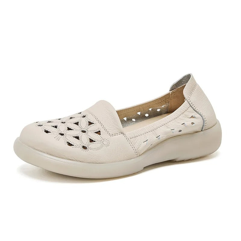Summer women's hollowed real leather shoes – soft beige, moccasins, cutout ballet flats, slip-on, for elderly