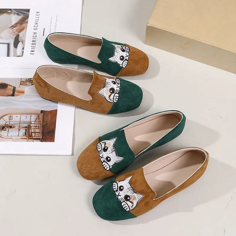 Cute kitty flats – square toe, summer, size 42, embroidered, women's slip-on shallow loafers