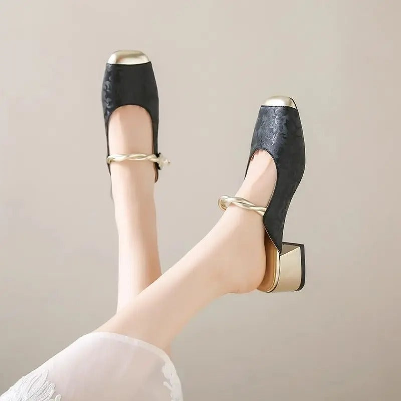 Dressy Mary Jane mules – women's, green, slip-on, mid-heel, patchwork, summer, strap, shallow