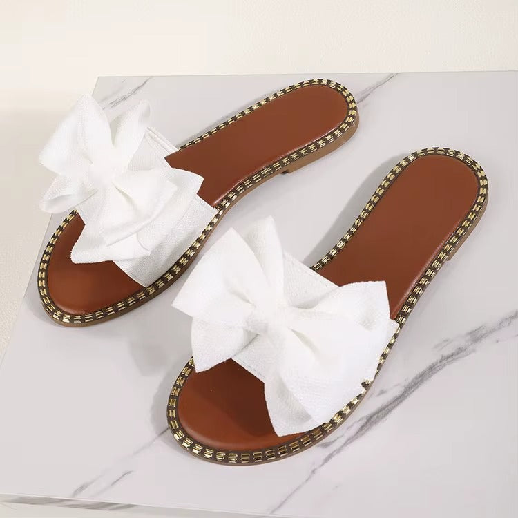H077 solid color flat cloth sandals with rhinestone bow