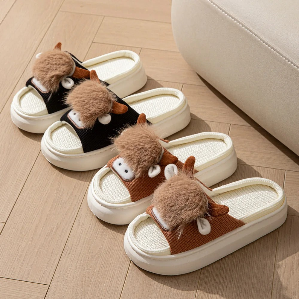 Cotton linen cow slippers – unisex indoor slides, summer breathable, funny animal flip-flops for women
