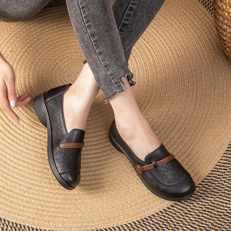 Cutout microfiber leather flats – women's, strap loafers, summer, breathable, hollow, for mom/travel
