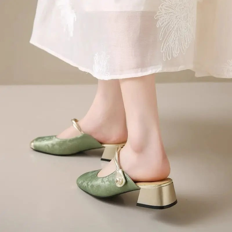 Dressy Mary Jane mules – women's, green, slip-on, mid-heel, patchwork, summer, strap, shallow
