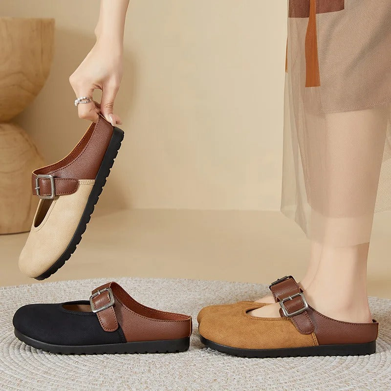 New fashion buckle mules – women's autumn easy slip-on, shallow, wide toe, faux leather flats