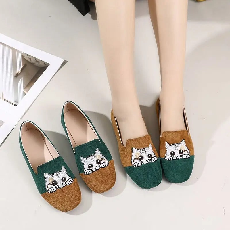 Cute kitty flats – square toe, summer, size 42, embroidered, women's slip-on shallow loafers