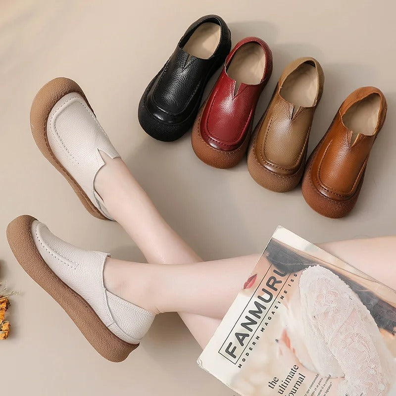 V-cut cowhide leather flats – concise slip-on, orthopedic, soft, for mother, driving moccasins